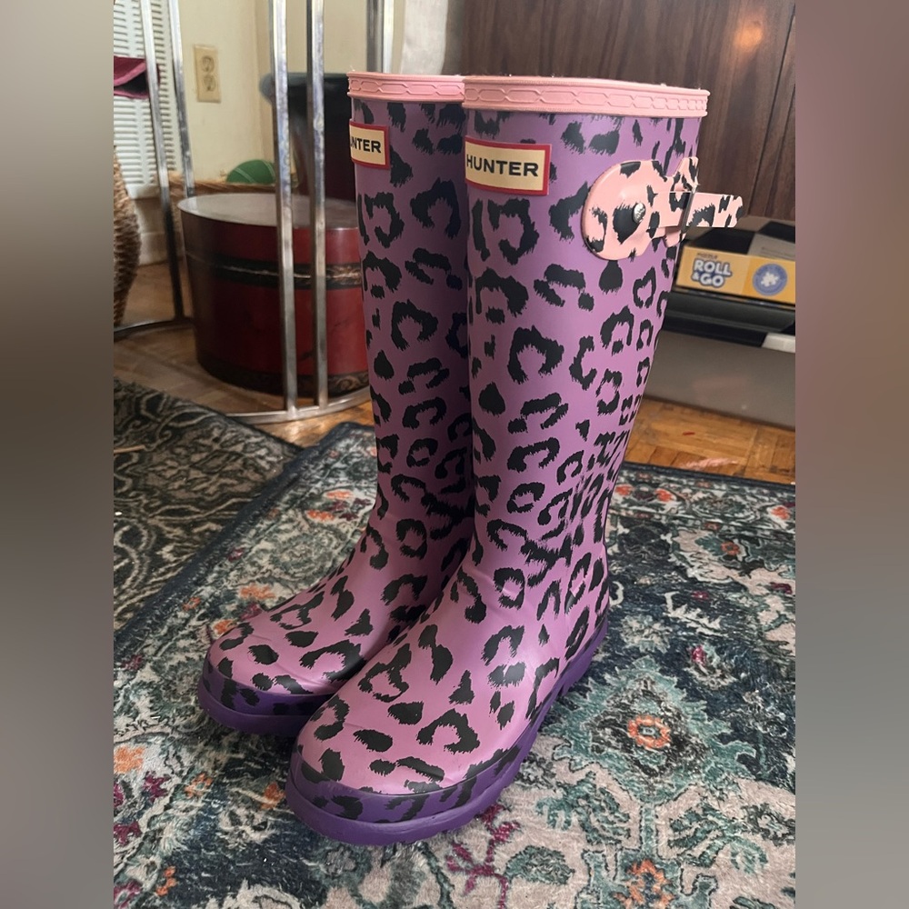 Hunter Kids Original First Classic Leopard Print Rain Boots - 4B/5G - Picture 2 of 15